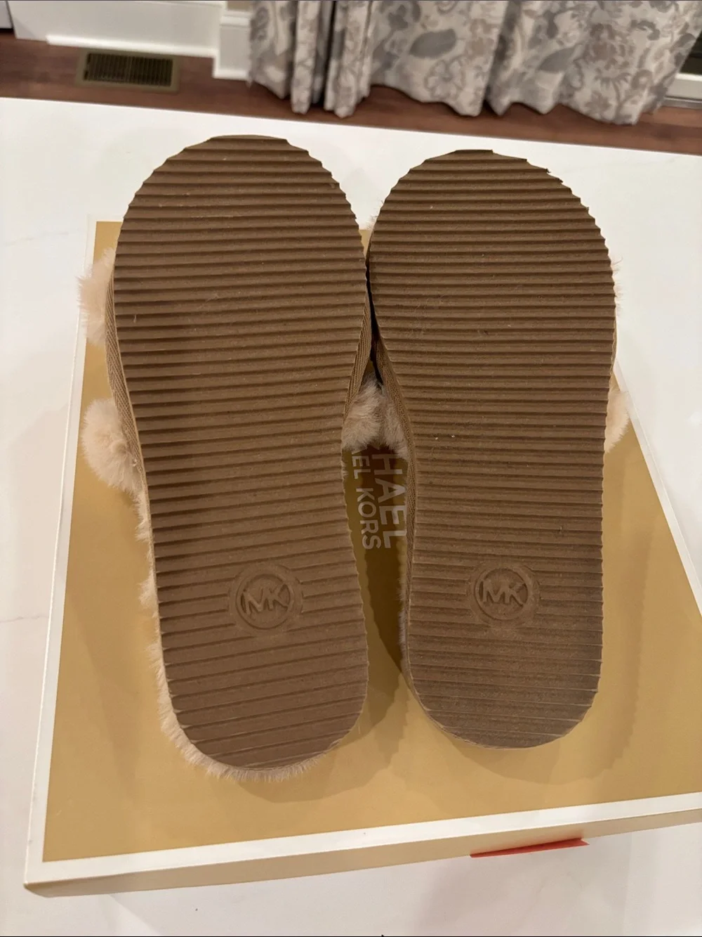Michael Kors Tan Faux Fur Slide Sandals with Gold Chain Accent